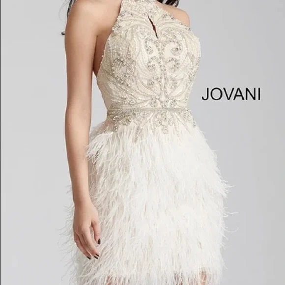 Ivory Embellished High Neck Short Dress 45547 - Picture 3 of 5